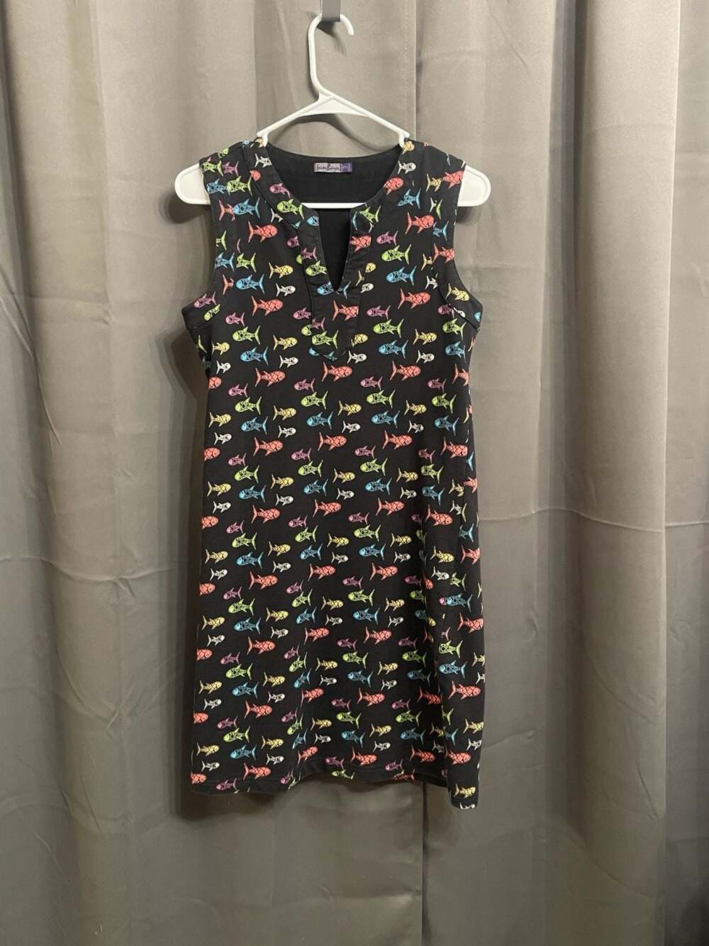 VTG SunBay Black Fish Print Sleeveless V-Neck Tank Dress Style 8007 PM